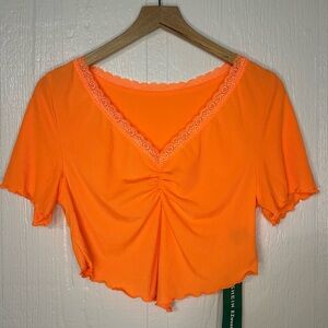 NWT SHEIN Contrast Lace Lettuce Trim Bandana Hem Short Sleeve Top Plus Size 0XL